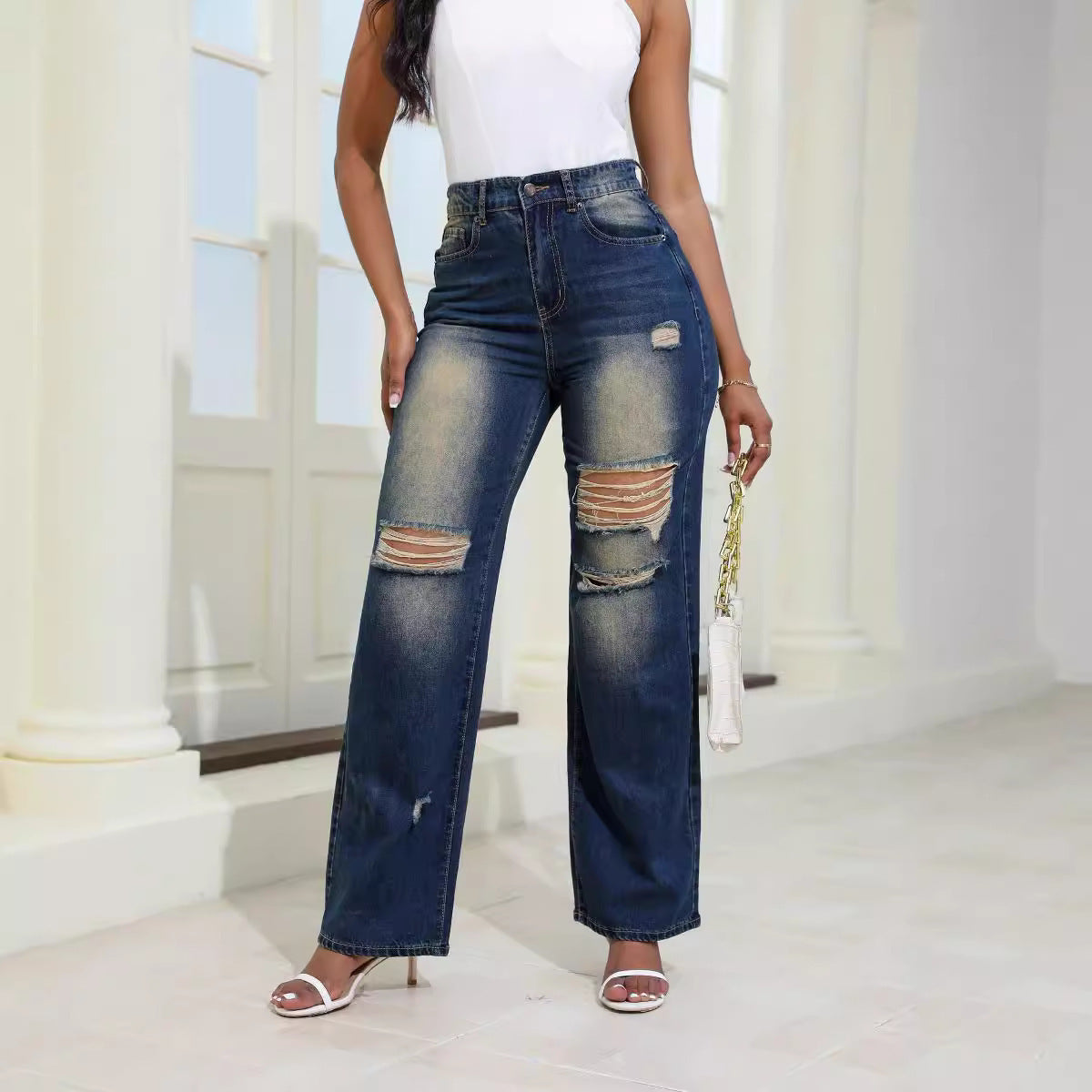 Women's High-Waist Ripped Jeans With Pockets