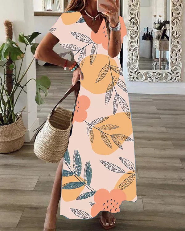 Loose Digital Print V-Neck Short-Sleeve Dress For Women