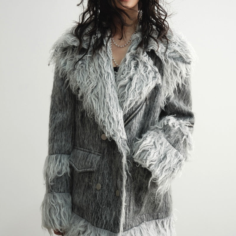 Fur Patchwork Wool Overalls Coat