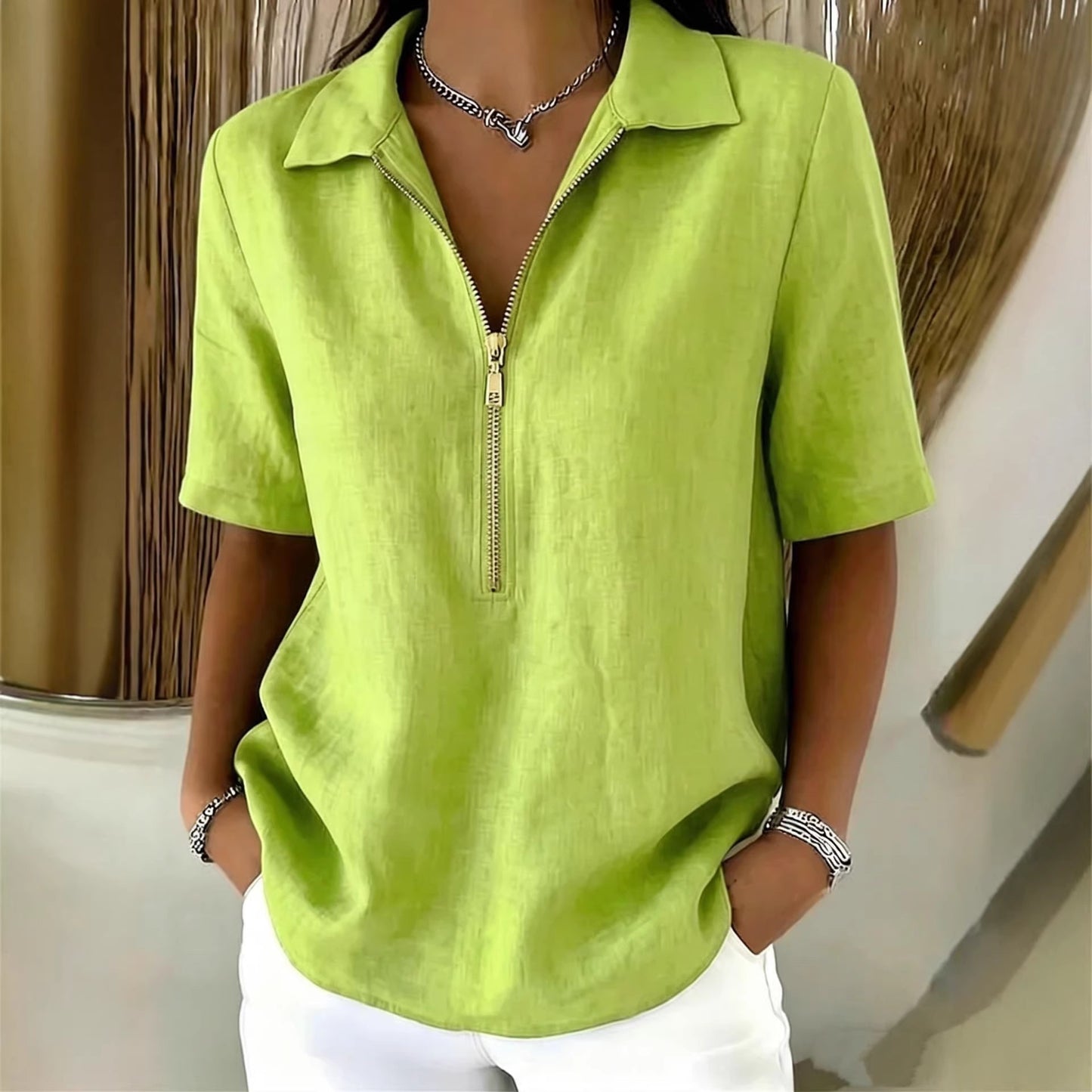 Solid-color Lapel-zip Mid-sleeve Womens Blouse