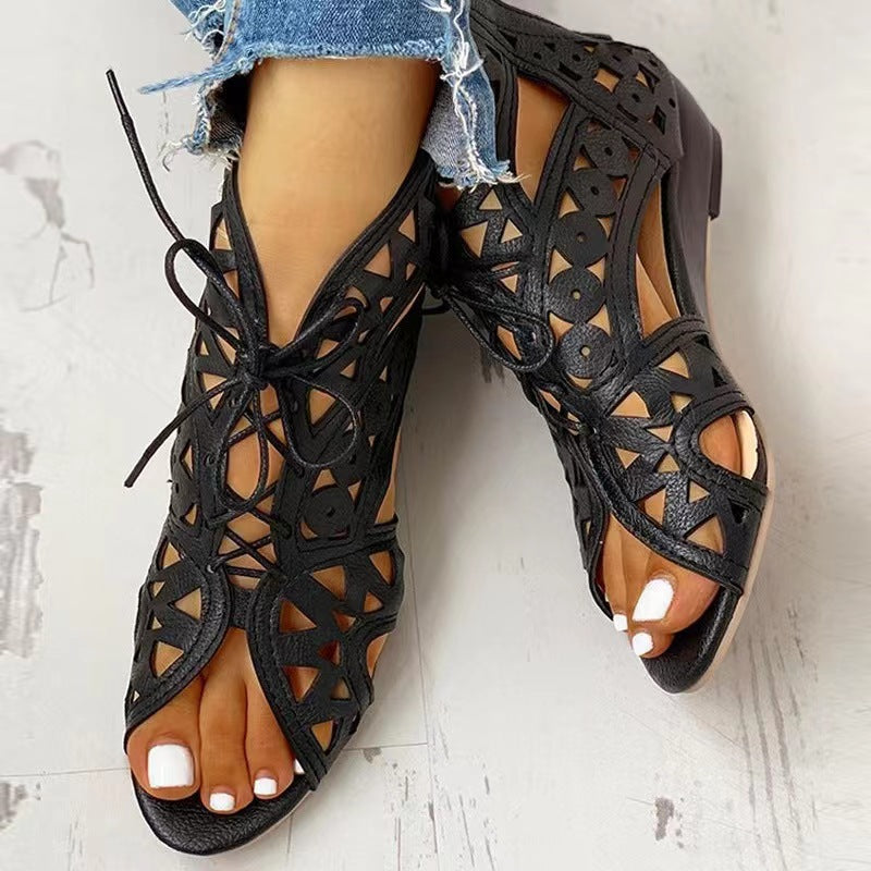 Low-Heel Lace-Up Fashion Cutout Sandals For Women