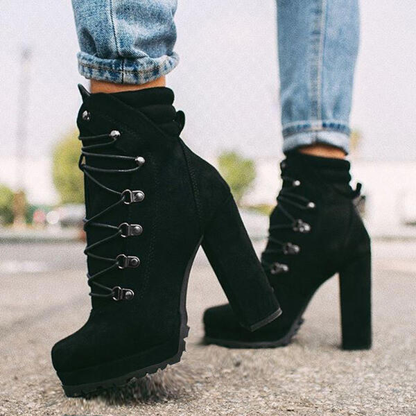 Round-Toe Lace-Up High-Heel Boots