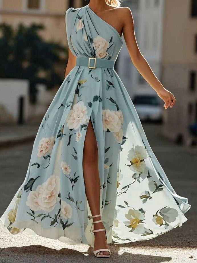 Women's Oblique Shoulder Digital Printing Sleeveless Vest Dress