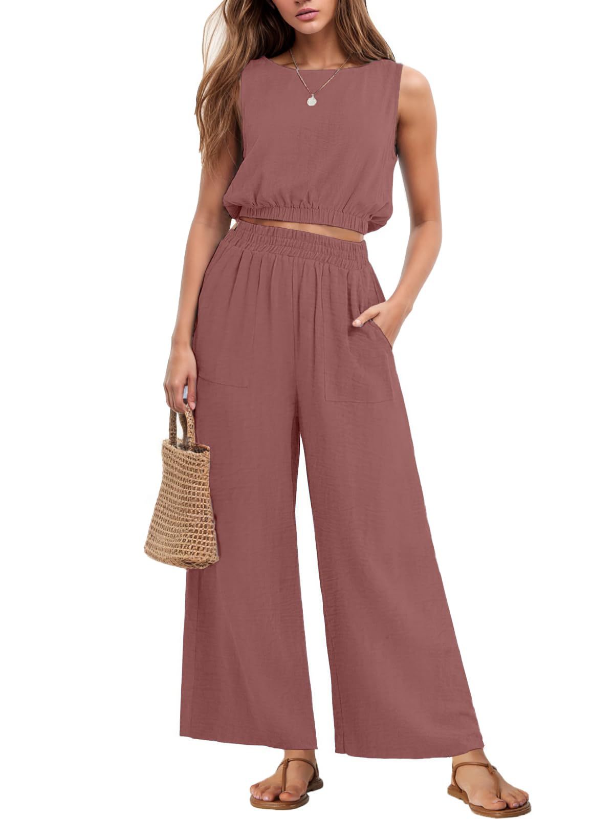 Womens Casual Round-Neck Sleeveless High-Waist Wide-Leg Two-Piece Set With Elastic Hem