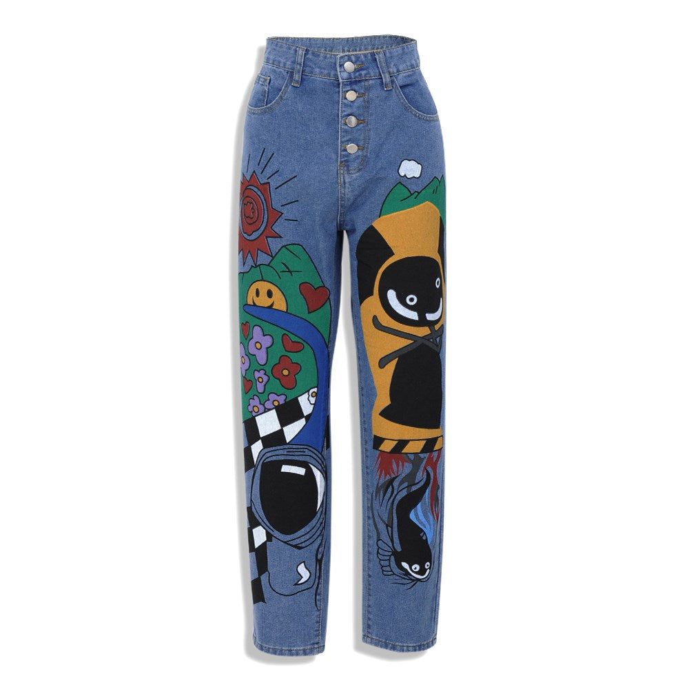 Cartoon Printed Harem Jean Trousers For Women