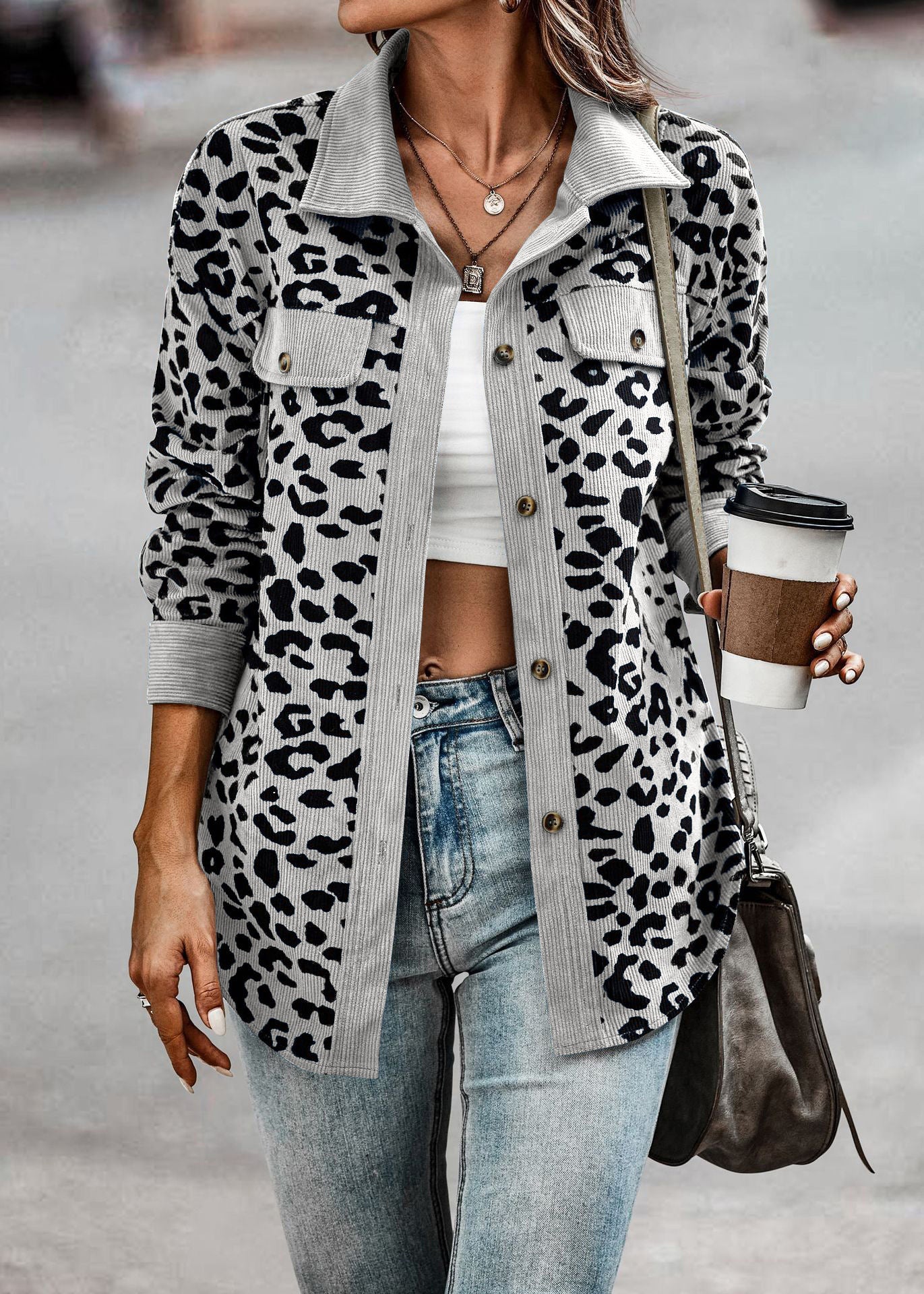 Leopard Print Corduroy Shirt Jacket