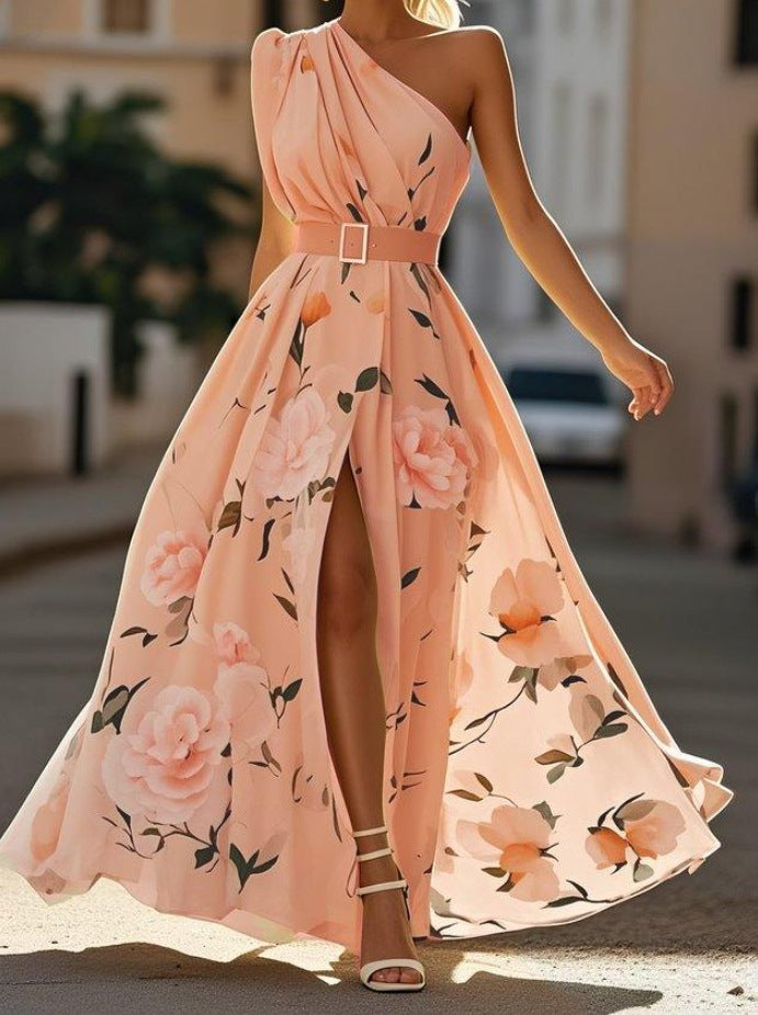 Women's Oblique Shoulder Digital Printing Sleeveless Vest Dress