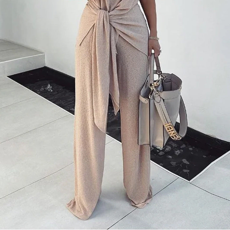 Knitted Pleated Lace-Up Graceful & Fashionable Pants Suit