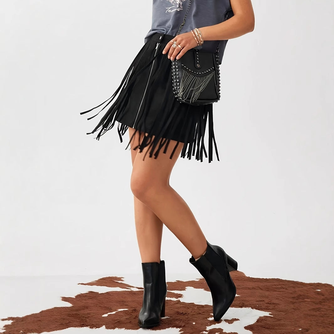 Denim-Style Tassel Front Zipper Casual Mini Skirt