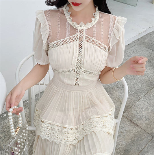 French-Style Short-Sleeved Cake-Skirt Long Dress
