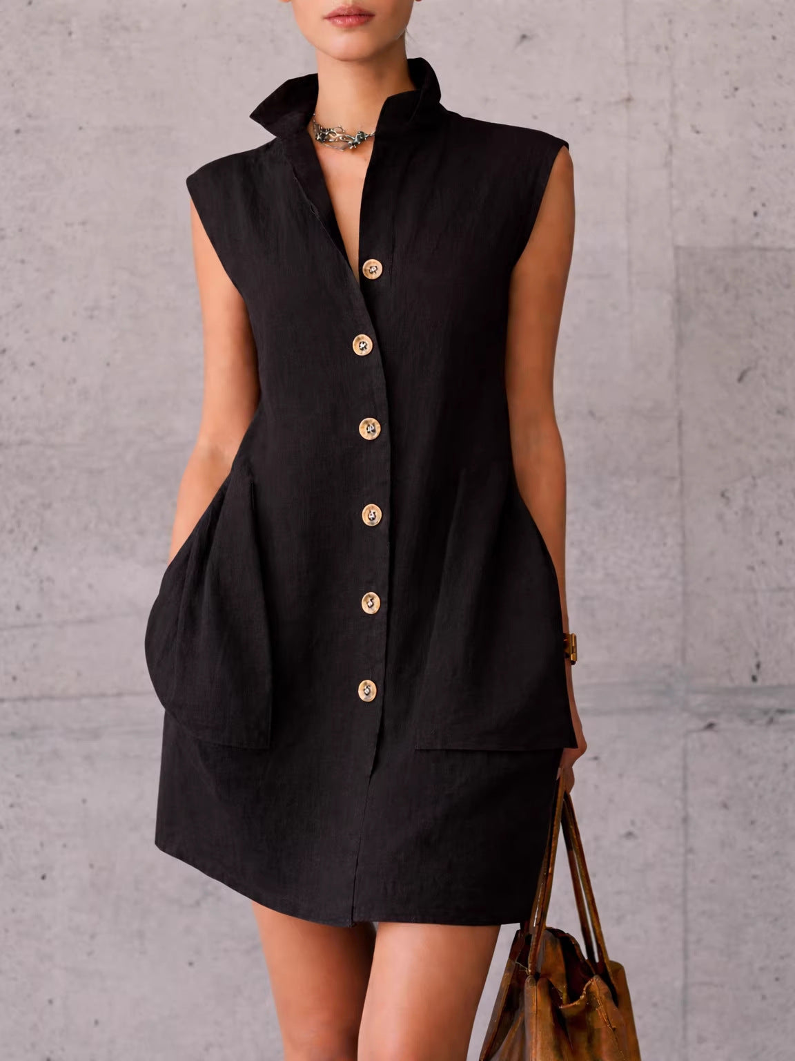 Slimming Sleeveless Stand-Collar Shirt Dress