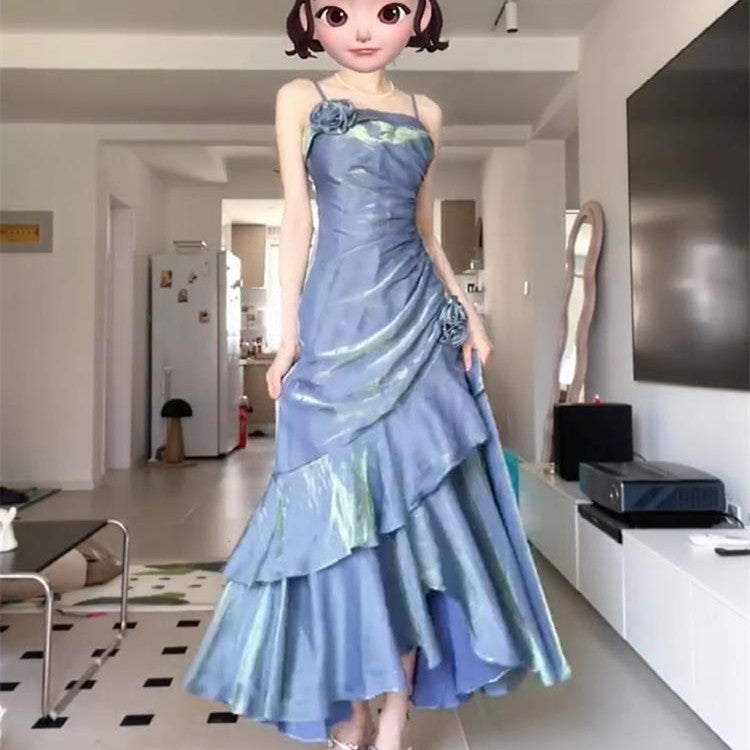 French-Style Mermaid Blue Sling Dress
