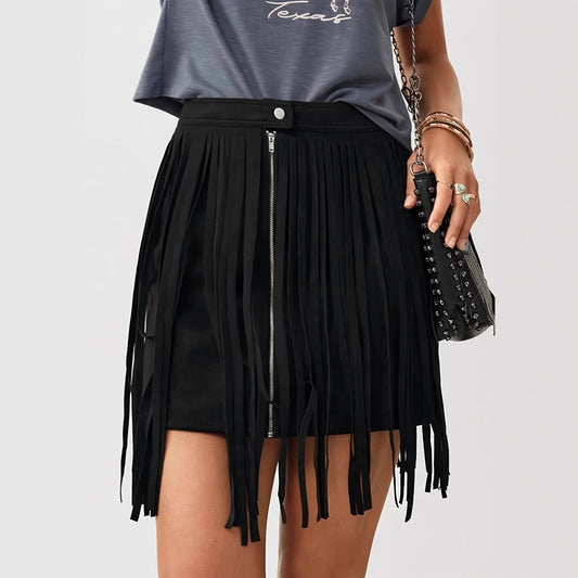 Denim-Style Tassel Front Zipper Casual Mini Skirt