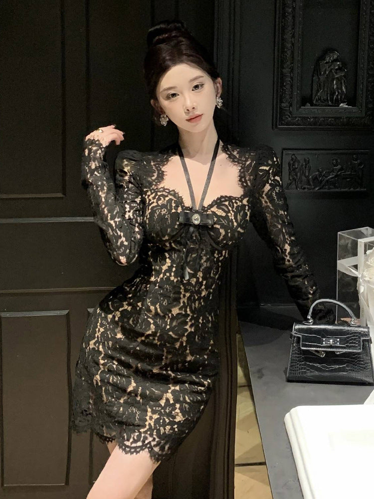 Hong Kong Style Lace Positioning Flower Irregular Halter Sheath Dress