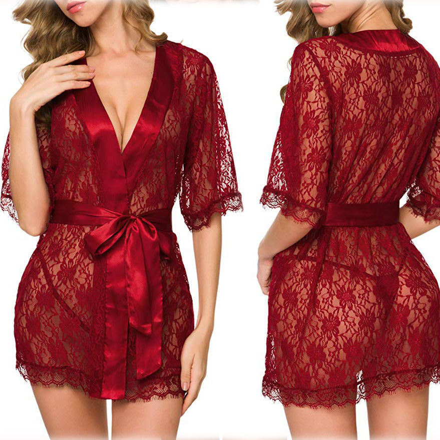 Women's Lace Hollow-Out Robe Suit Lingerie Pyjamas