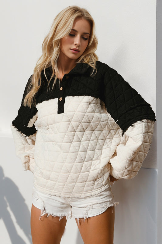 Quarter-Button Contrast Long-Sleeve Quilted Sweatshirt - US Only