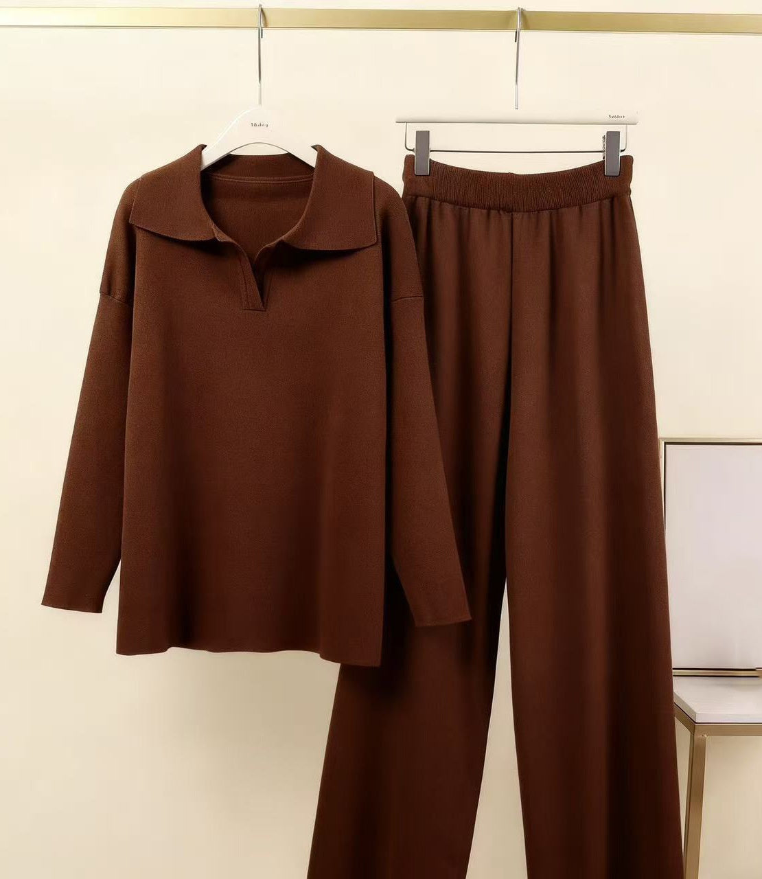 In Stock Springsummer Knit Polo-neck Long-sleeve Pullover And Trousers Two-piece Set
