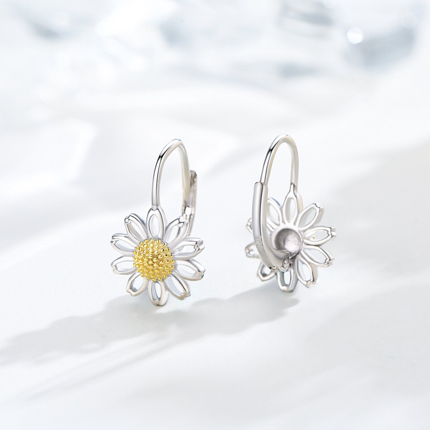 Daisy Leverback Hoop Earrings in White Gold-Plated Sterling Silver