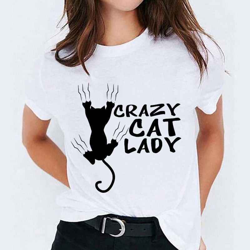 Cat Flamingo Round-Neck Print Short-Sleeve T-Shirt Short For Women