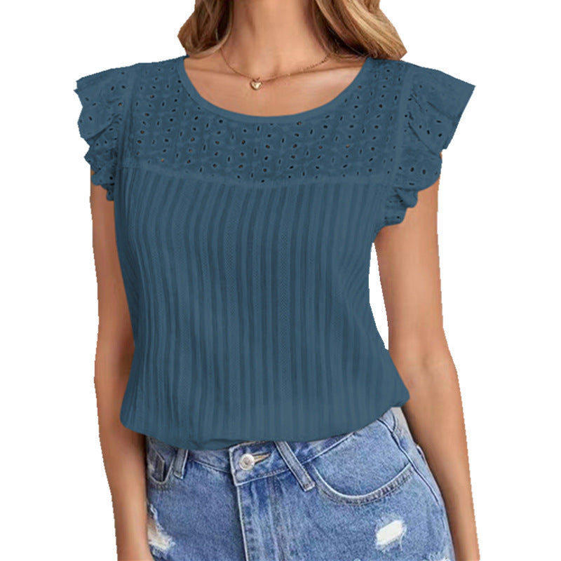 Patchwork Sleeveless Ruffled T-Shirt