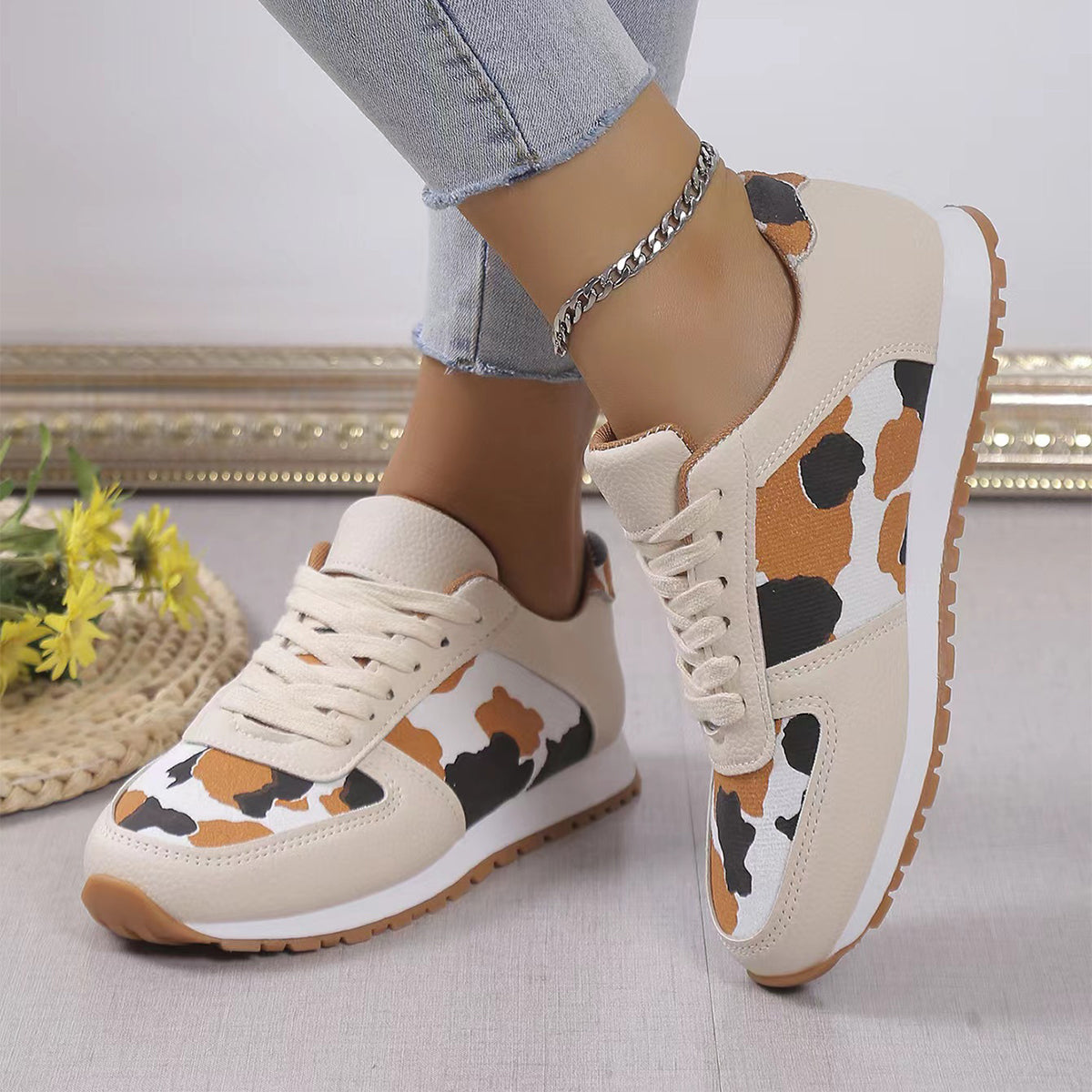 Leopard Print Lace-Up Sneakers For Women