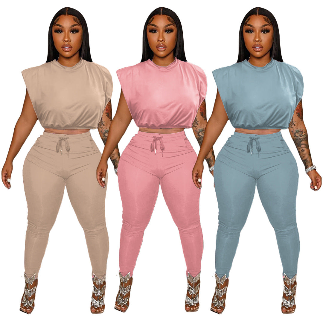 Tight Sleeveless Padded Shoulder T-Shirt String Pocket Two-Piece Set