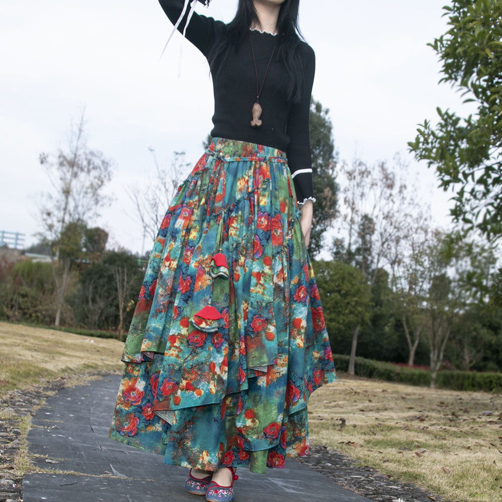 Ethnic-Style Cotton And Linen Printed Skirt