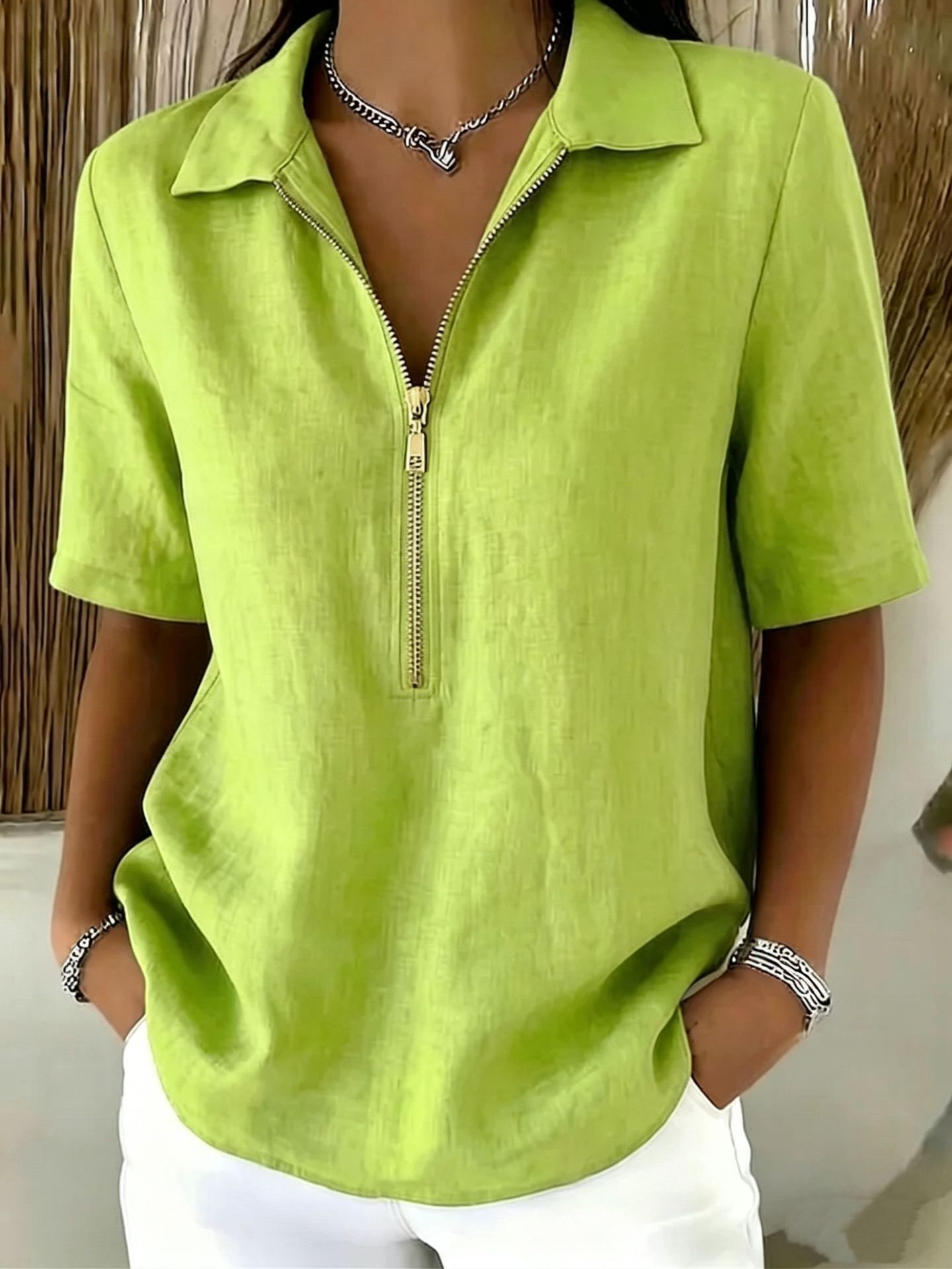Solid-color Lapel-zip Mid-sleeve Womens Blouse