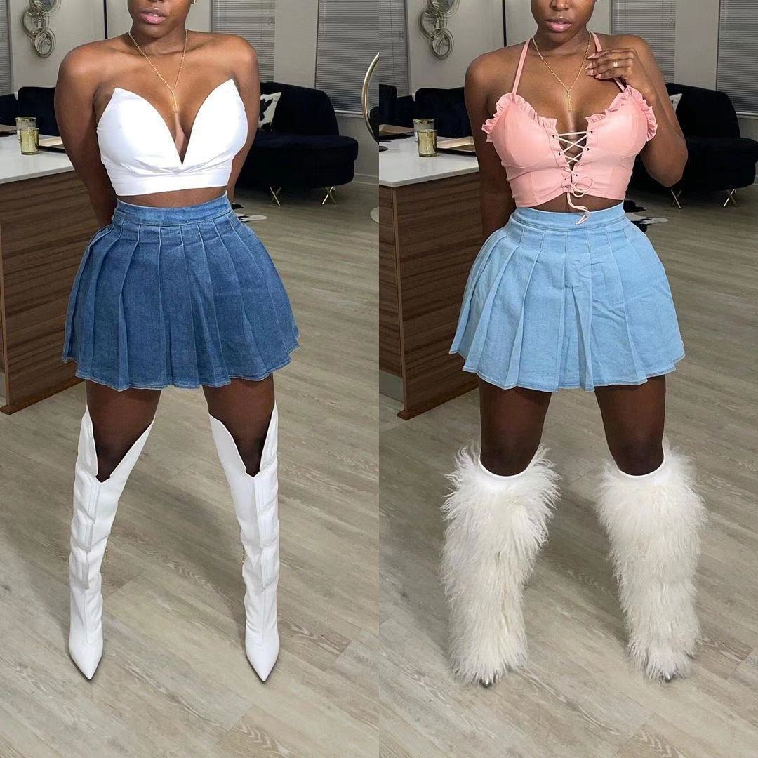 Women's Casual Denim Solid Color Pleated Skirt