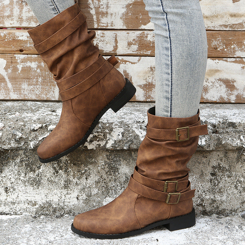 Low-Heel Vintage Adjustable-Buckle Boots