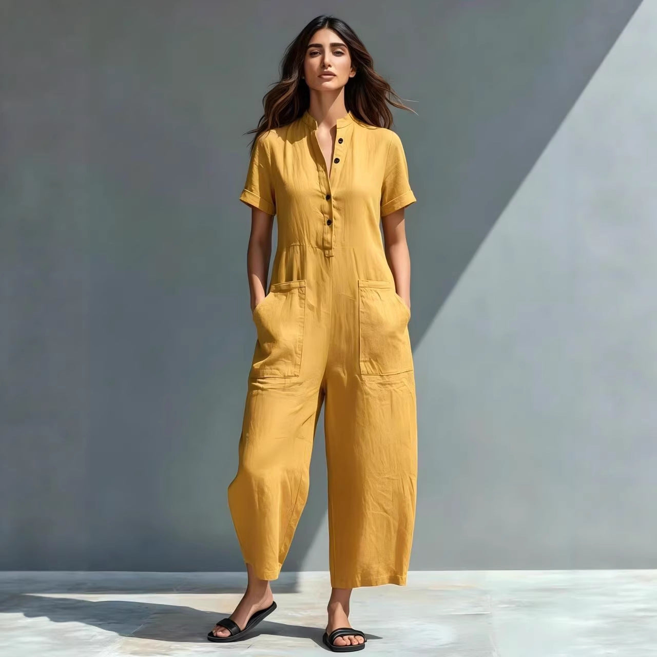 Simple Linen-blend Buttoned Stand Collar Short-sleeve Loose Jumpsuit