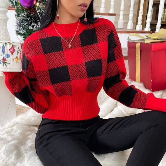 Round-Neck Loose Jacquard Plaid Fashion Sweater