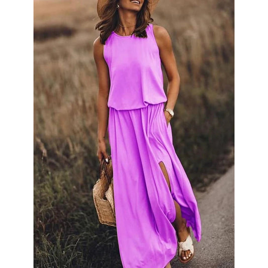 Pockets Sleeveless Crew-Neck Maxi Dress - US Only