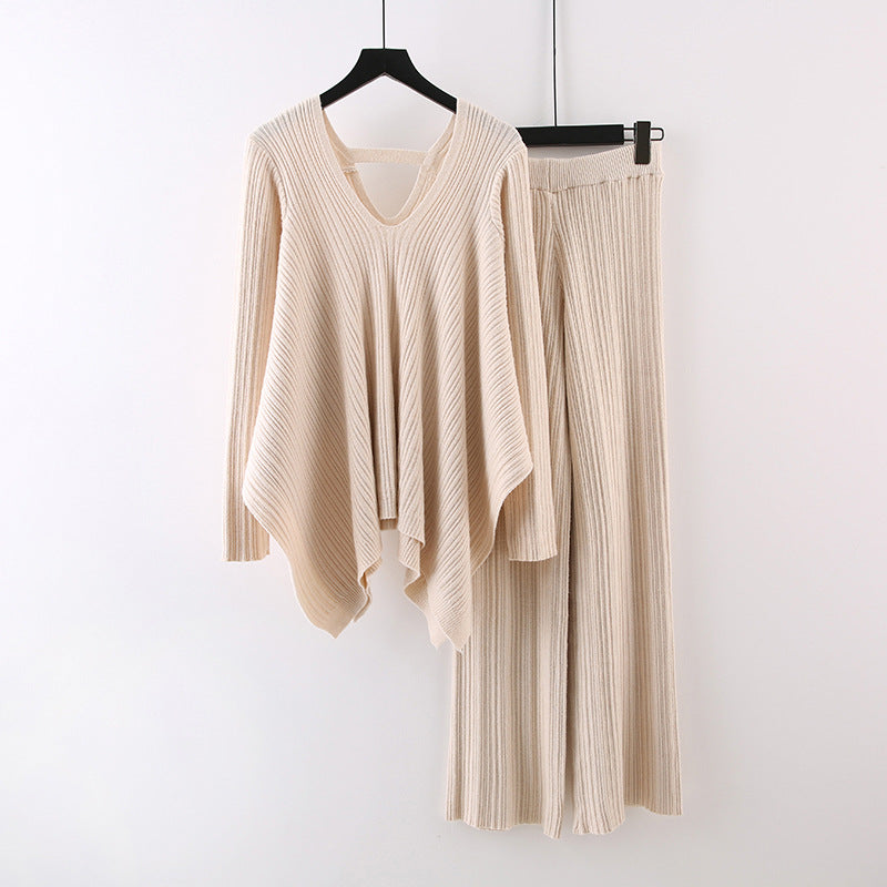 Pleated Knitted Irregular V-Neck Top-Wide-Leg Pants Sweater Suit