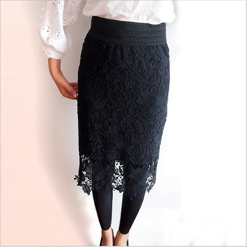 Elastic High-Waist Midi Skirt - Milk Silk Hollow-Out Lace Skirt