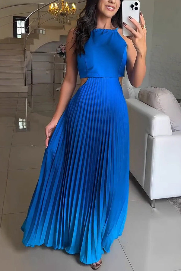 New European And American Sleeveless Pleated Backless Gradient Color Dress