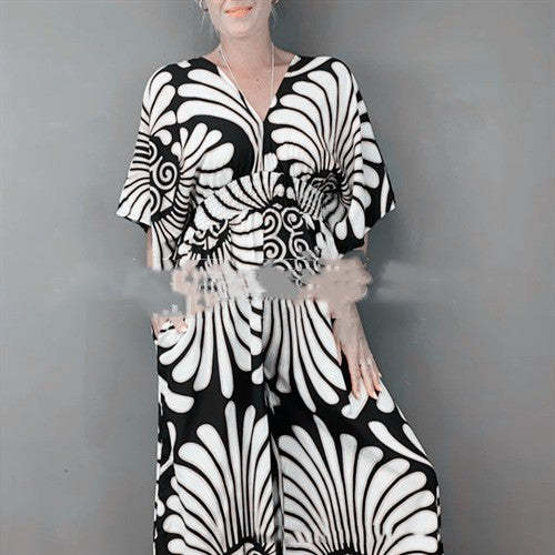 V-Neck Printed High-Waist Jumpsuit