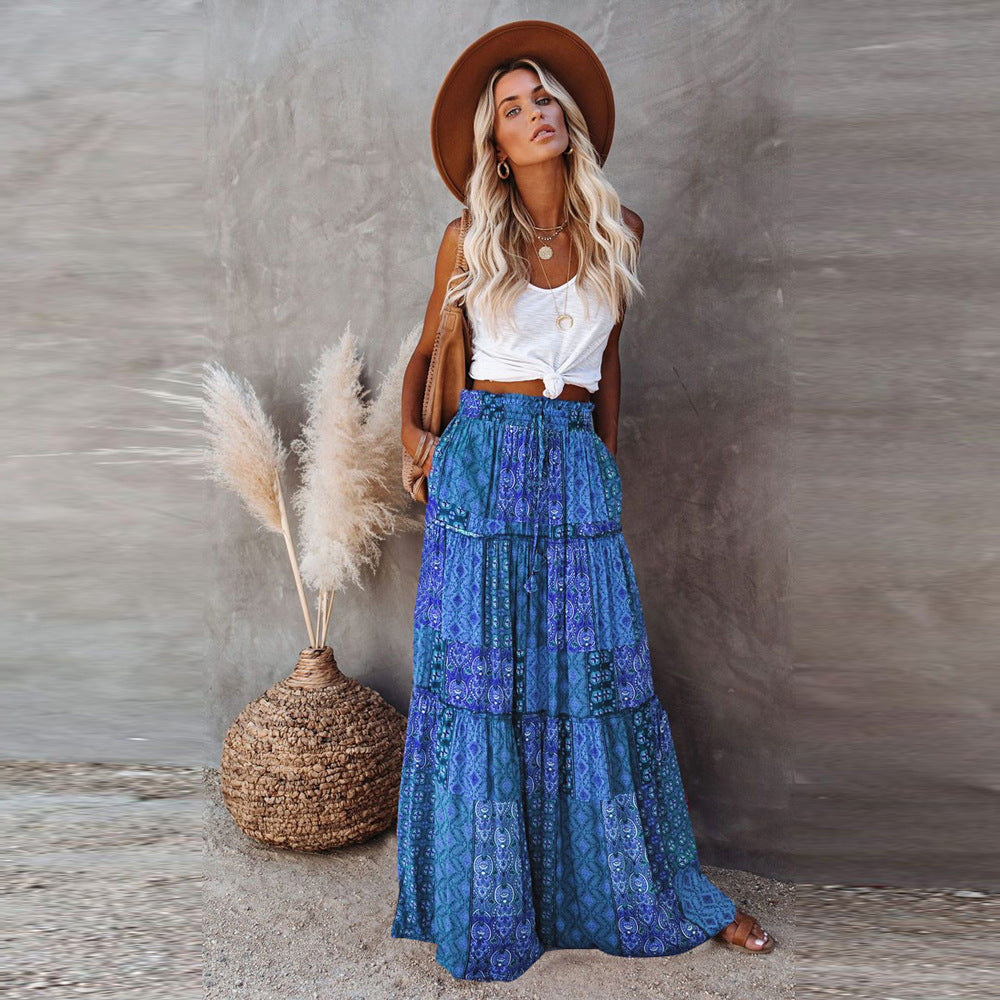 Bohemian-Style Loose Casual High-Waist Long Skirt