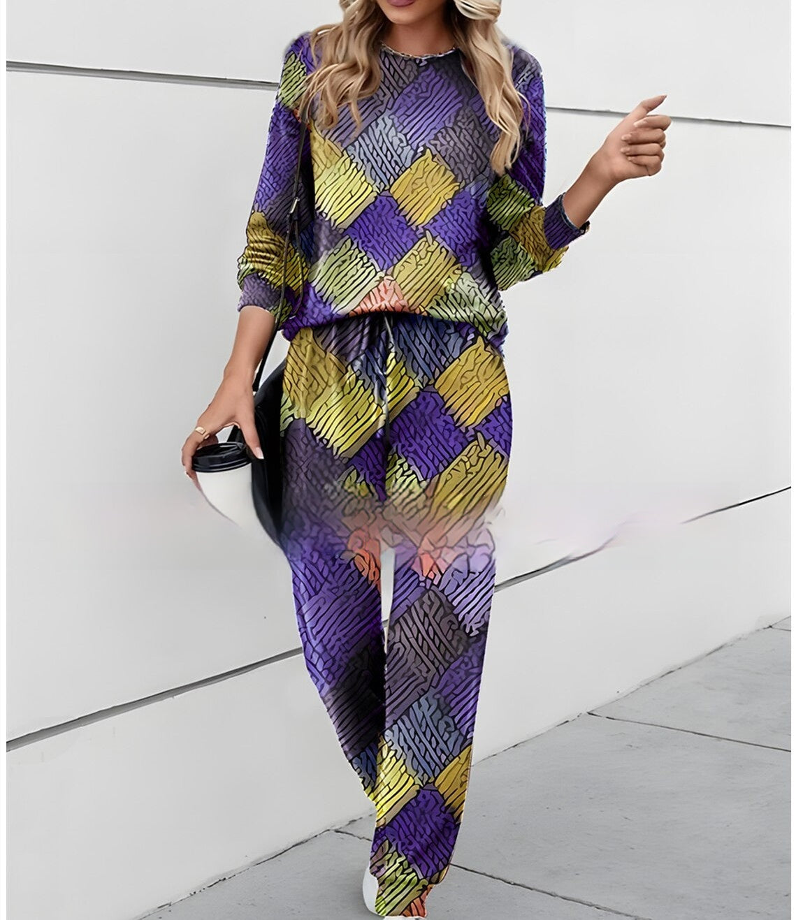 Round-Neck Printed Top + Trousers Casual Suit