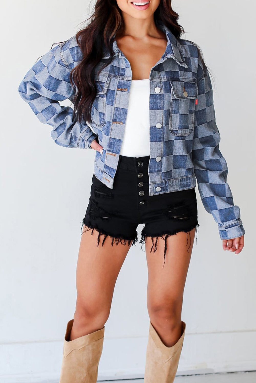 Light Blue Chequered Patchwork Button-Up Denim Jacket