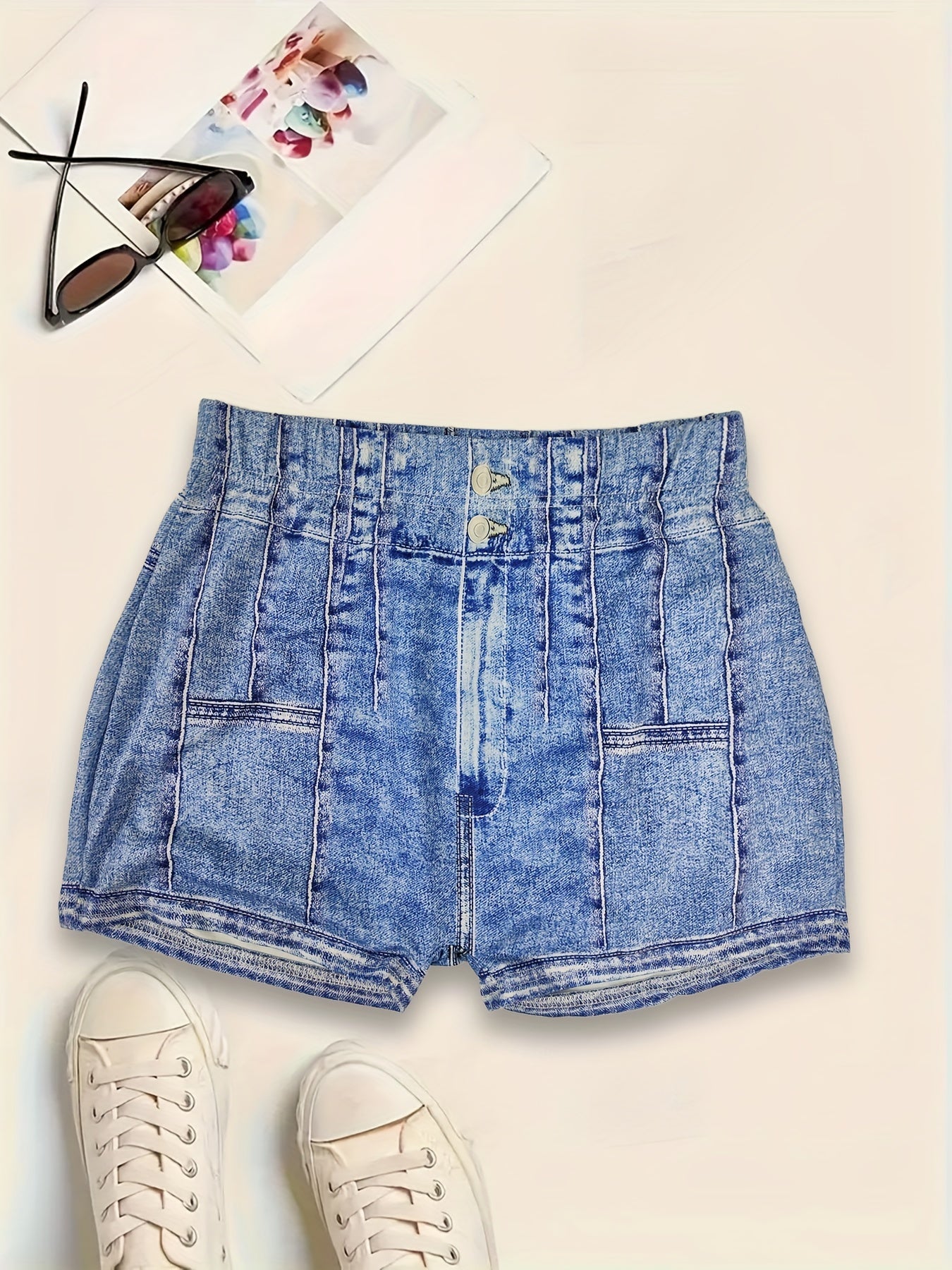 High-Waist Faux Denim Print Skinny Stretchy Shorts