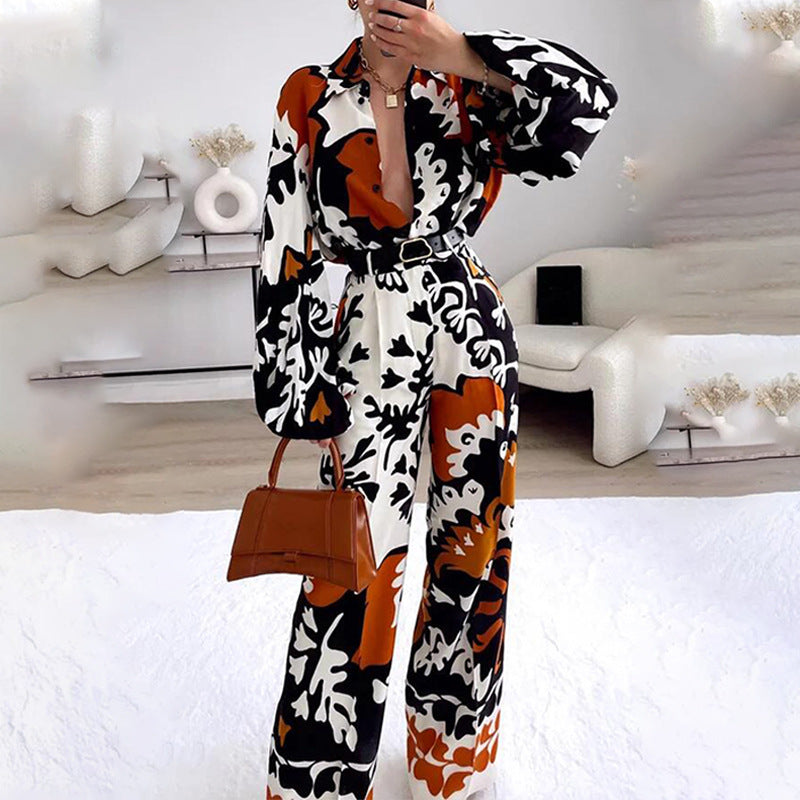 Two-Piece Colour-Contrast Printed Casual Jumpsuit