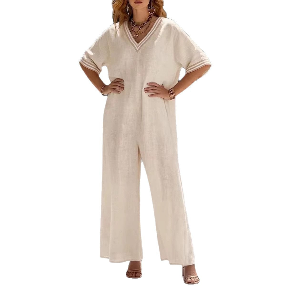 Womens Fashionable Casual Solid-Color Wide-Leg Jumpsuit