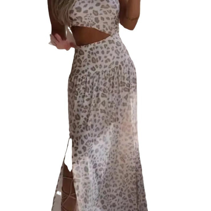Sleeveless Leopard Print Split-Sling Dress - Street Fashion