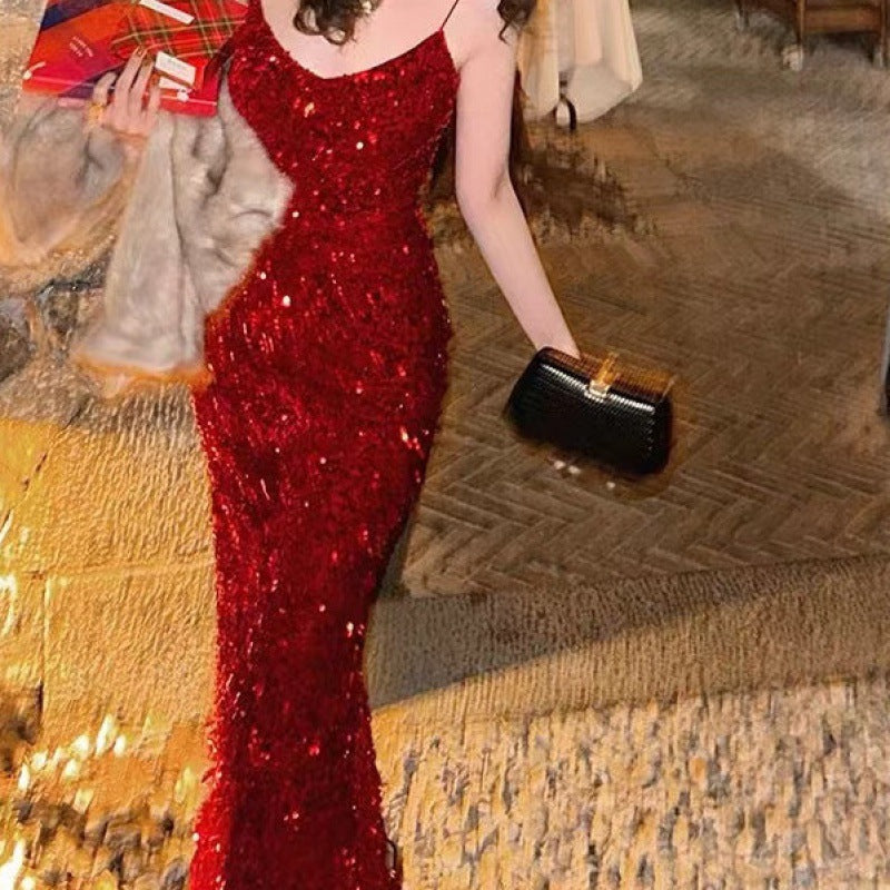 Red Velvet Sequins V-neck Strap Dress Women