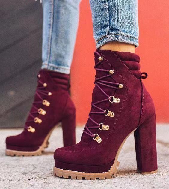 Round-Toe Lace-Up High-Heel Boots