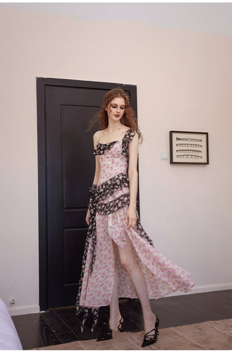 Irregular Floral Contrast-Colour Split Sling Dress