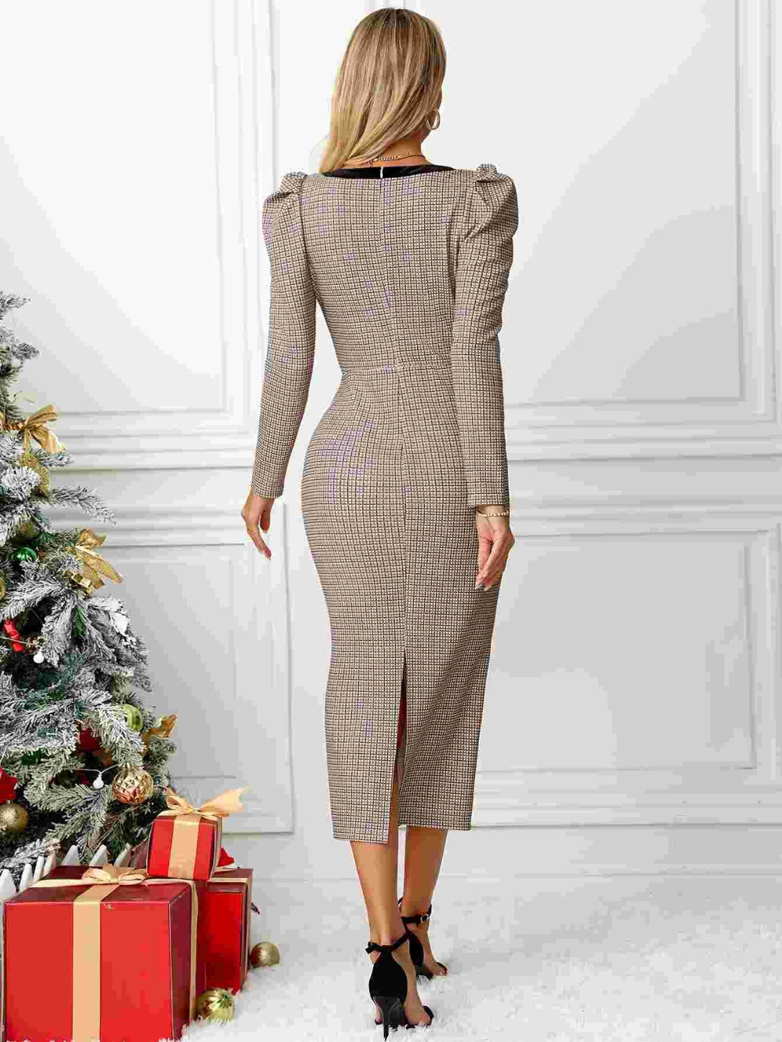 Bow Plaid Square-Neck Puff Sleeve Dress - US Only