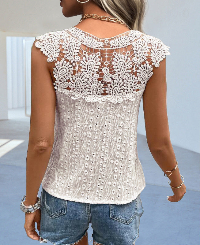 V-Neck Lace Splicing Pullover Sleeveless Top