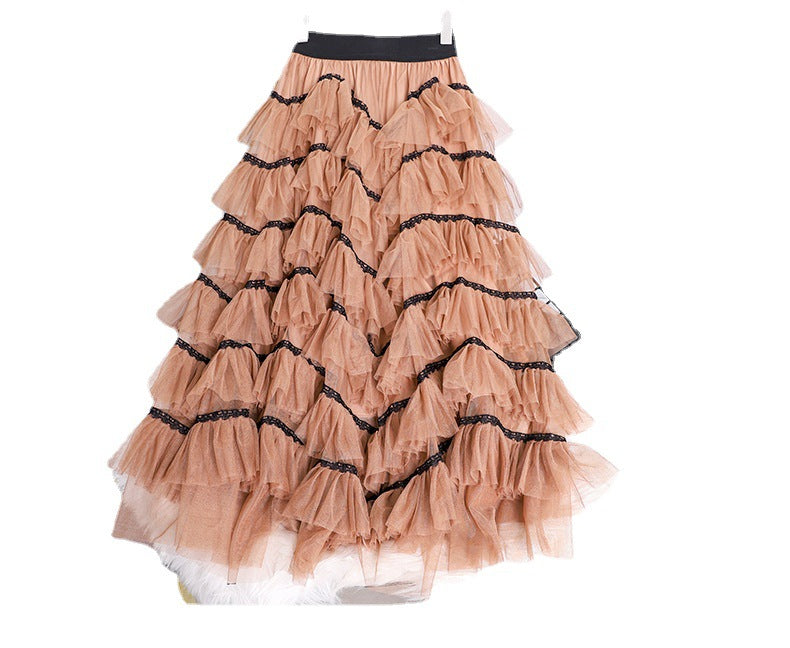 Layered Stitching Lace Mesh Swing Skirt